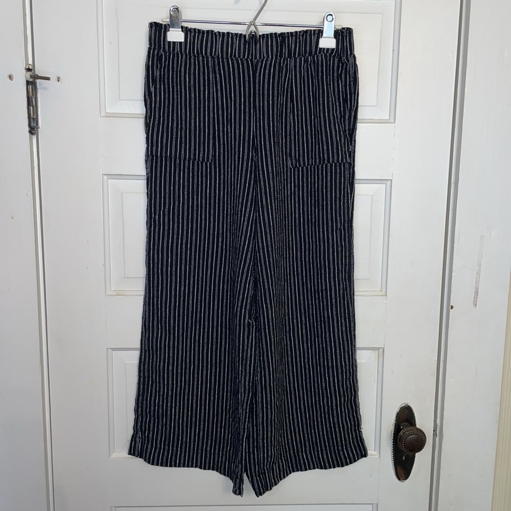Paper Bag Black White Thin Stripe Pants, Elastic Waist S (4-6)‎ Straight Legs